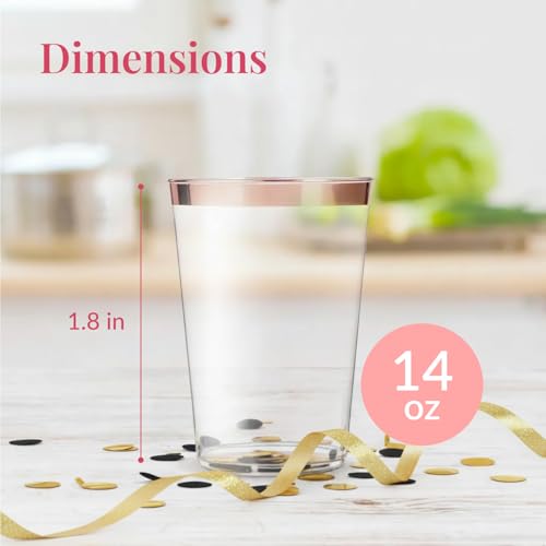 50 Pack Disposable Plastic Cups by Prestee - 14 oz Rose Gold Rimmed Plastic Wine Glasses - Heavy Duty, Pink Rim Cup - Disp...