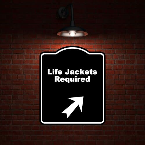 Life Jackets Required Black Sign Arrow Up Right Aluminum Composite Sign 20 x 24 inches