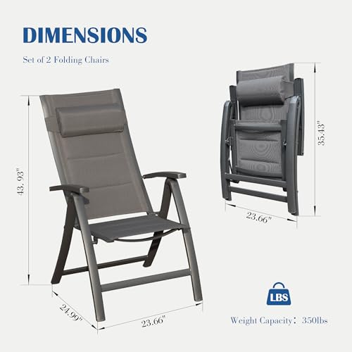 Domi Patio Folding Chairs Set of 2, Outdoor Reclining Camping Chairs Set with Moveable Headrest, Aluminum Frame Outdoor Po...