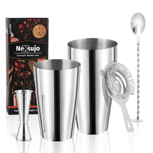 Nexsujo Boston Cocktail Shaker Set, 4-Piece Bar Tools Set, Professional Bar Set with Boston Shaker, Bar Spoon, Jigger, Haw...