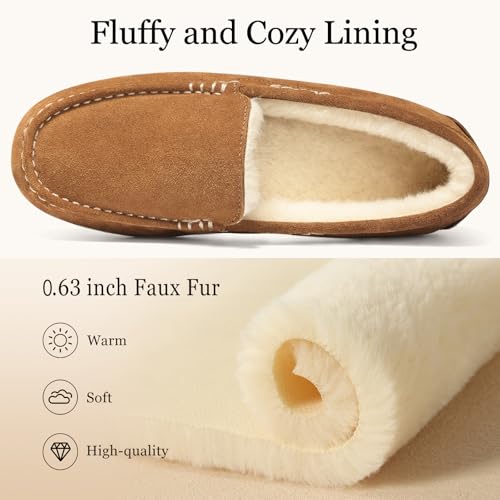 KIDMI Women's Genuine Suede Moccasin Slippers Fluffy Cozy House Shoes with Soft Sole Indoor/Outdoor