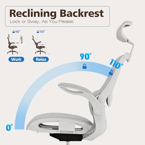 GABRYLLY Ergonomic Mesh Office Chair- White Desk Chair, Flip-Up Armrest, Adjustable Headrest, Tilting with Soft Seat and P...