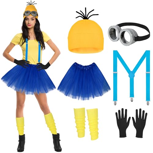 Tinyones 6 Pcs Women's Halloween Costume Accessories Set, Goggles/Yellow Beanie/Blue Dress/Blue Suspenders/Gloves/Yellow S...
