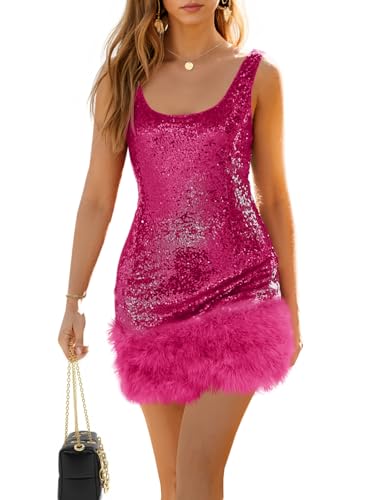 Wenrine Womens Sparkly Sequin Dress Bodycon Square Neck Fur Club Party Mini Dresses