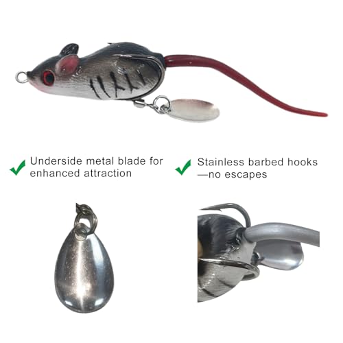 Rat Lure, Mouse Fishing Lure Top Water Baits for Bass Fishing, Weedless Soft Mice Artificial Stuff Jig Hooks for Saltwater...