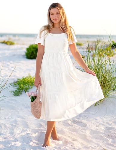 ZESICA Women‘s Summer Boho Floral Midi Dress 2026 Casual Short Sleeve Square Neck Flowy Beach Vacation Long Dress