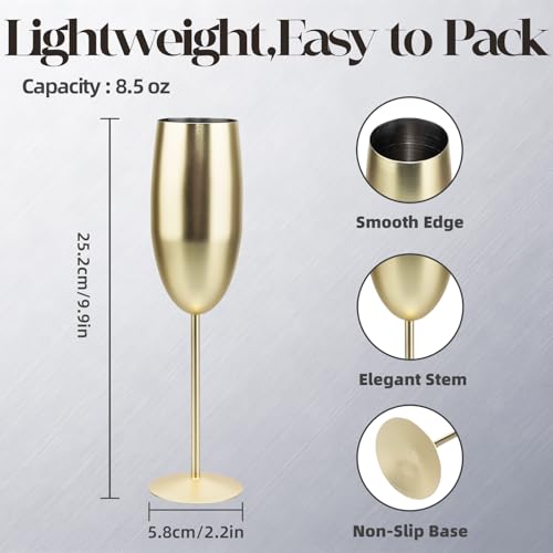 MeowvCraft Champagne Glasses Stainless Steel Set of 4, 8.5oz Champagne Flutes-Elegant Wedding Unbreakable Wine Cups Gifts ...
