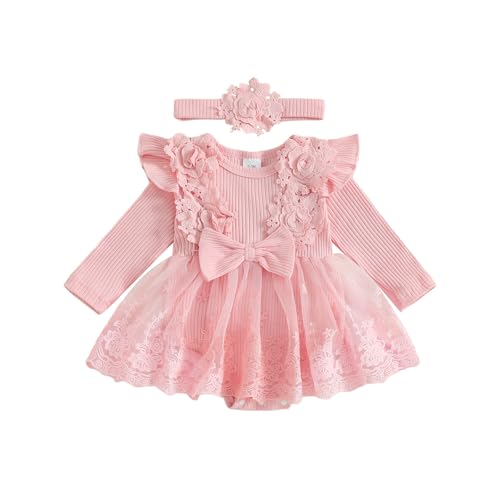 Baby Girl Romper Dress Lace Flowers Baby Dress Romper Infant Fall Winter Festival Clothes with Bow Headband