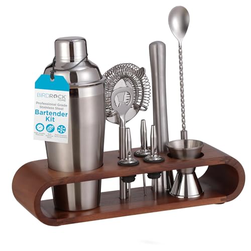 BIRDROCK HOME 10 Piece Professional Bartender Cocktail Mixing Set with Acacia Wood Stand | Stainless Steel Bar Tools for H...