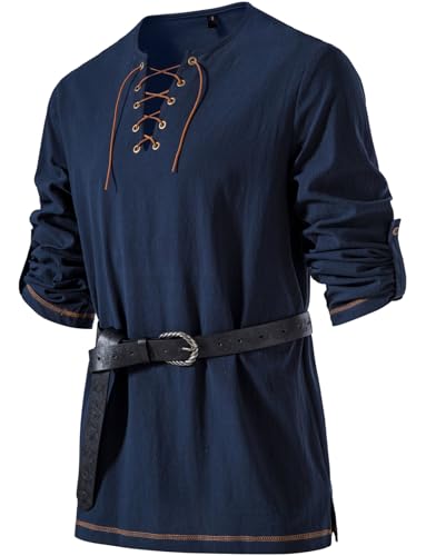 JEMITOP Men's Pure Cotton Vintage Lace Up Shirts for Pirate Renaissance Viking Medieval Costume Without Belt