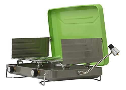 Flame King 2-Burner Camp Stove and (2) 1LB Refillable Propane Tanks for Outdoor Cooking, Backpacking, Hiking