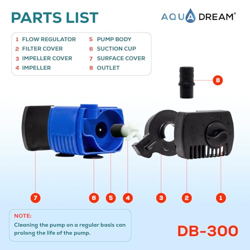 Aqua Dream 66 GPH Submersible Pump(250L/H,2.5W) Ultra Quiet Adjustable Water Pump For Pond,Aquarium,Fish Tank,Fountain,Hyd...
