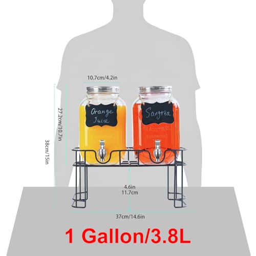 Einfache 1 Gallon Drink Dispenser with Stand,2 Pack Beverage Dispenser with Stand & Stainless Steel Spigot,Glass Water Lem...