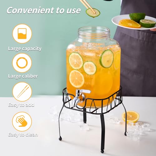 2 Gallon Glass Beverage Dispenser with Stand, Stainless Steel Spigot and Lid, Glass Drink Dispensers for Parties, Drink Di...