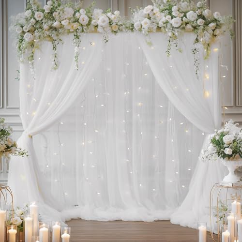 10×8ft White Tulle Curtain Backdrop with Lights String for Parites, Sheer Backdrop Curtain Drapes for Wedding Photo Baby S...