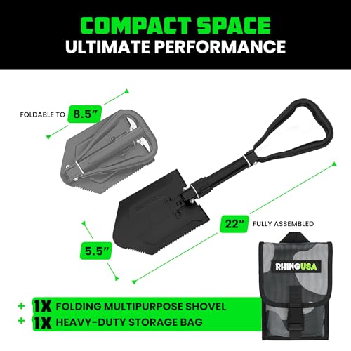 RHINO USA Folding Survival Shovel w/Pick - Heavy Duty Carbon Steel Military Style Entrenching Tool for Off Road, Camping, ...