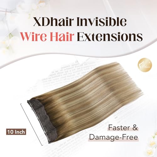 XDhair Wire Hair Extensions 85g 18 Inch Balayage Walnut Brown to Ash Brown and Blonde Invisible Fish Wire Hair Extensions for Women #3/8/22 18 Inch
