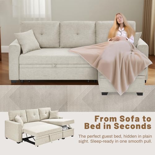 Nicbex Convertible Sofa Bed Couch with Storage Chaise,Upholstered Sleeper Sofa with Pull-Out Bed,Pull Out Couch,Sectional Couches for Living Room Beige