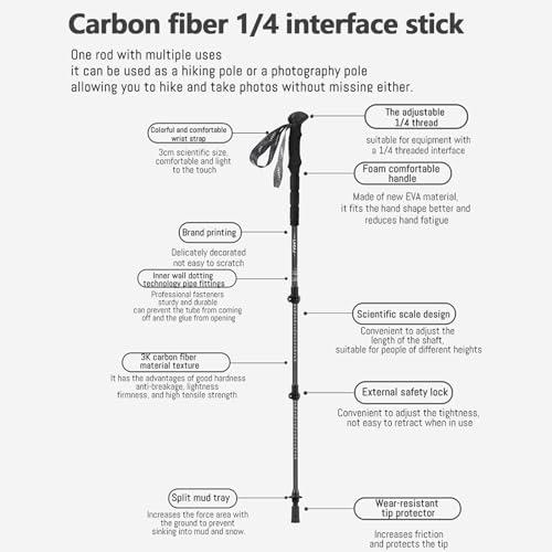2-in-1 Carbon Fiber Trekking Poles Telescopic Adjustable Hiking Sticks Lightweight Walking Sticks Camera Monopod with 1/4"...