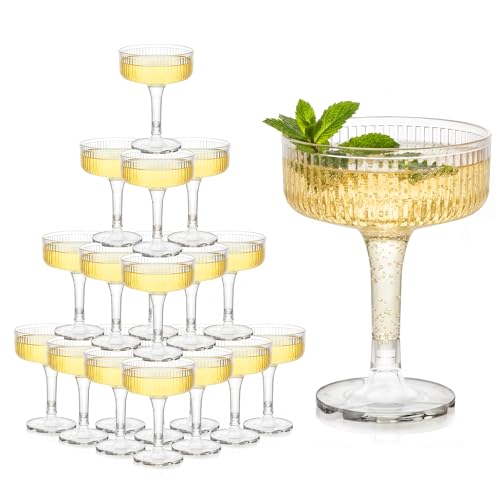 Houmury 20 Pcs 7oz Plastic Champagne Glasses Unbreakable Plastic Martini Glasses Flutes Reusable Clear Acrylic Coupe Drink...