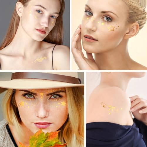 10Pcs Gold Glitter Star Freckles Tattoo Sticker,Faux Freckle Patches Waterproof Temporary Tattoos Heart Design,Gold Glitte...