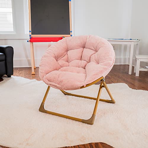 Flash Furniture Gwen Kids Cozy Mini Folding Saucer Chair - Blush Faux Fur Moon Chair - Soft Gold Metal Frame - 23" Portabl...