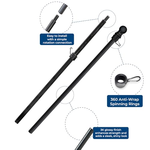 (Pack 1) - 5’ Foot Premium Tangle-Free Carbon-Fiber Flag Pole with 2 Flag Rings, Ideal for Trucks, Vehicles, or SUVs, Perf...