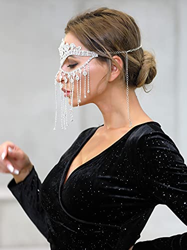 MineSign Tassel Mask chain for Women Fringe Masquerade Head Chain Rhinestone Face Jewelry for Halloween PartyCosplay