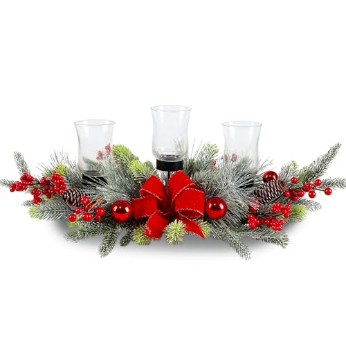 Red Christmas Table Centerpiece,Christmas Decoration Cedar with 3 Candlestick Glass Cup, Red Berry, Balls for Holiday Part...