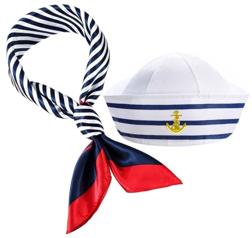 DPLin 2Pcs Yacht Captain Hat Sailor Ship Cap Scarf Sunglasses Sailor Hat Boat Costume For Men Women Captains Dressing up P...