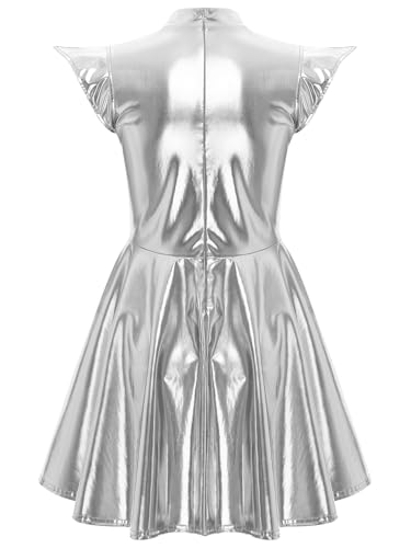 Alvivi Women Shiny Metallic Dress Holographic High Waisted Flare Skater Dress Carnival Party Outfit