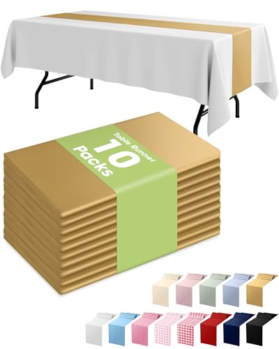 Pureegg Gold Plastic Table Runners - 10 Pack, 14'' x 108'', Water Resistant & Disposable Centerpiece Decorations for Table...