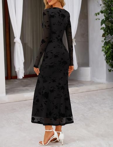 MEROKEETY Women's 2026 Spring Wedding Guest Maxi Dress Long Sleeve Bodycon Floral Mesh Fall Cocktail Formal Party Dresses