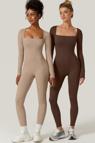 QINSEN Womens Sexy Square Neck Long Sleeve Full Length Leggings Bodycon Stretch Jumpsuit
