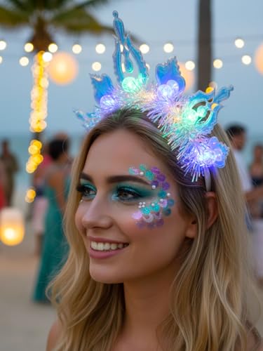 Lorealri Light Up Star Crown Headband, Blue and Silver Glitter Stars, LED Rave Party Costume Headwear Accessory for Women