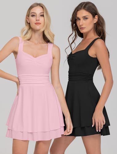 IWD Women's Square Neck Sleeveless Mini Dress Ruched Waist Tiered Ruffle Hem A Line Short Dresses