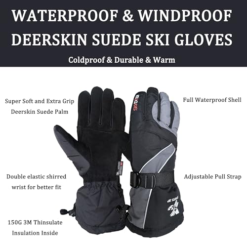 SKYDEER 100% Waterproof and Premium Deerskin Suede Leather Ski Gloves with 150G 3M Thinsulate Lining, Ultra Soft & Durable...