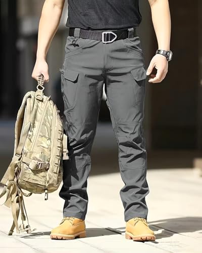 Men's Tactical Pants Stretch Waterproof Fabric Durable Cargo Pants for Hiking Casual Work Multi Pockets (No Belt)