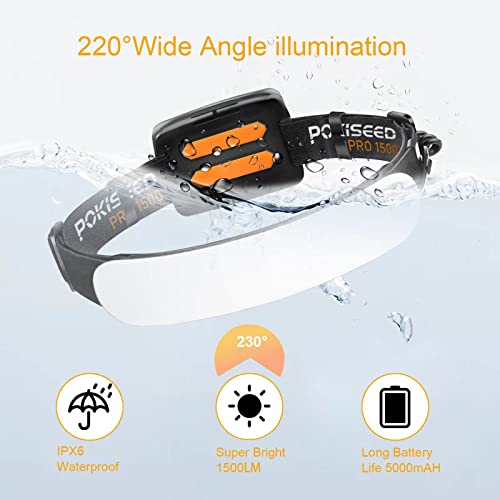 LED Headlamp Rechargeable, Super Bright 1500 Lumens 230° Wide Beam Headlamp, 3 Modes IPX6 Waterproof Lightweight Head Ligh...