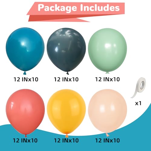 Froova Boho Rainbow Balloons 60 Pcs Retro Teal Blue Blush Pink Dark Light Orange Yellow Sage Green Dusty Blue Balloon Colo...