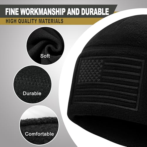 RUCD American Flag Fleece Watch Cap, Winter Warm Fleece Beanie, USA Army Military Tactical Beanie Hat