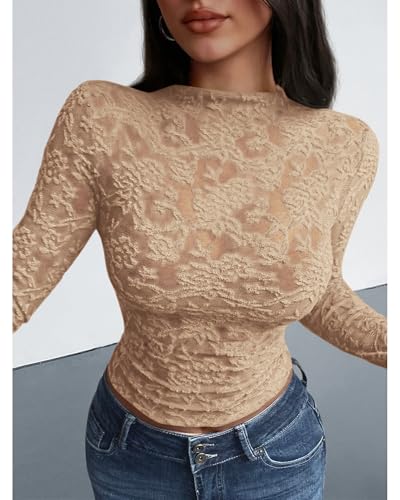 BTFBM Mesh Long Sleeve Tops for Women Lace Sexy Sheer Tight See Through Crew Neck Spring Fall 2026 Party Club Outfits