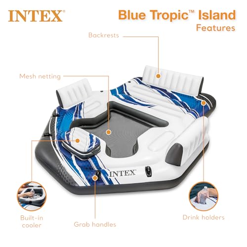 Intex Blue Tropic Inflatable 5 Person Raft or Swimming Pool Island Water Floating Lounger Raft with Backrests, Built in Co...
