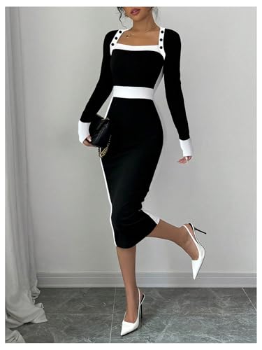 SOLY HUX Women's Long Sleeve Square Neck Bodycon Elegant Midi Dress Pencil Cocktail Party Dresses