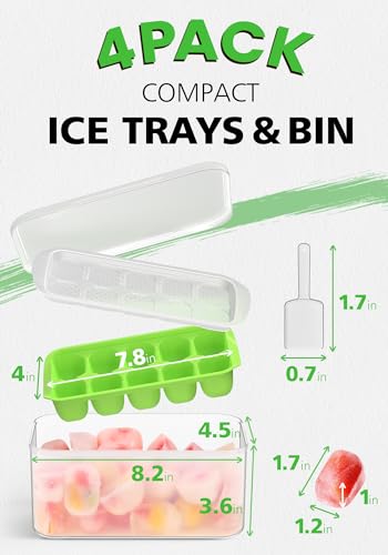 DOQAUS Ice Cube Tray with Lid and Bin - 4 Pack Ice Bucket Kits, Stackable Silicone Ice Trays for Freezer, Easy Pop Out, BP...