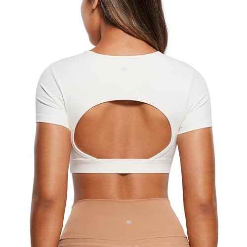 CRZ YOGA Womens Butterluxe Double Lined Open Back Crop Tops Backless Short Sleeve Workout Shirts Casual Tight T-Shirts