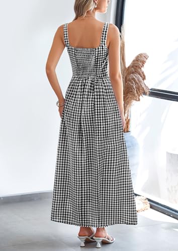 PRETTYGARDEN Women's 2026 Summer Spaghetti Strap Maxi Dresses Plaid Square Neck A Line Casual Beach Vacation Long Sundress