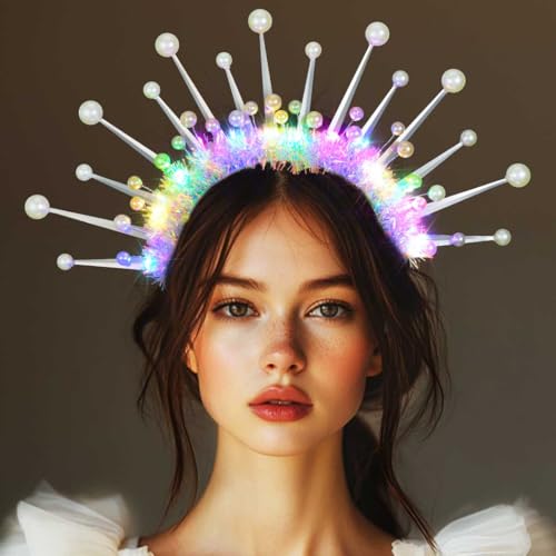Zoestar Light Up Pearl Crown Headband LED halo Headbands Glow Party Hair Accessories for Women