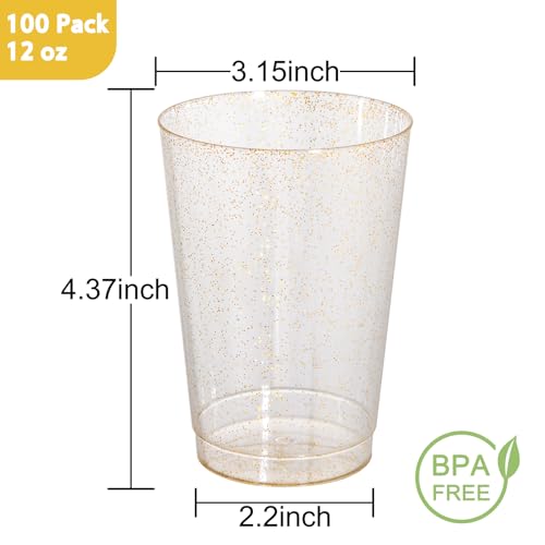 I00000 100 Pack 12 oz Gold Glitter Cups, Clear Disposable Cups, Gold Plastic Wine Glasses Cocktail Glasses Heavy Duty Cup...