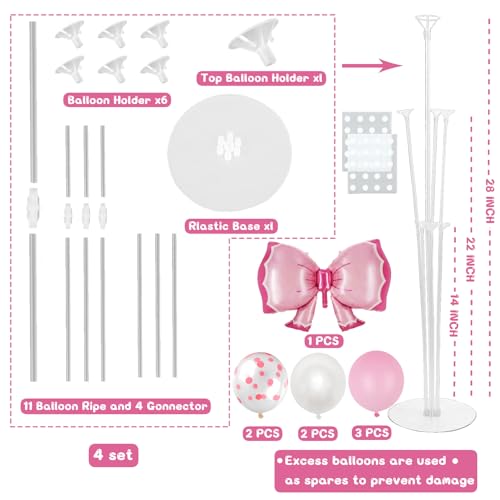 Pink Bow Party Balloon Stand Kit, 4 Sets, Table Centerpiece Decorations for Girls Birthday (pink)